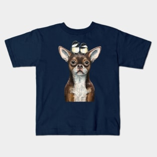 "Chihuahua & Chickadees" - Topped Dogs collection Kids T-Shirt